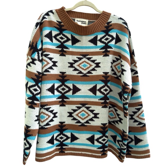 Savanna Jane Southwestern Blanket Crew Pullover Sweater Heavy Knit Aztec - Picture 4 of 8